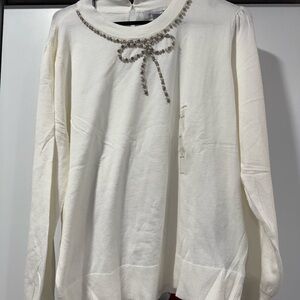 Liz Claiborne White Crewneck Sweater with Crystal Bow
